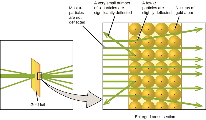 The left diagram shows a green beam of alpha particles hitting a rectangular piece of gold foil. Some of the alpha particles bounce backwards after hitting the foil. However, most of the particles travel through the foil, with some being deflected as they pass through the foil. A callout box shows a magnified cross section of the gold foil. Most of the alpha particles are not deflected, but pass straight through the foil because they travel between the gold atoms. A very small number of alpha particles are significantly deflected when they hit the nucleus of the gold atoms straight on. A few alpha particles are slightly deflected because they glanced off of the nucleus of a gold atom.