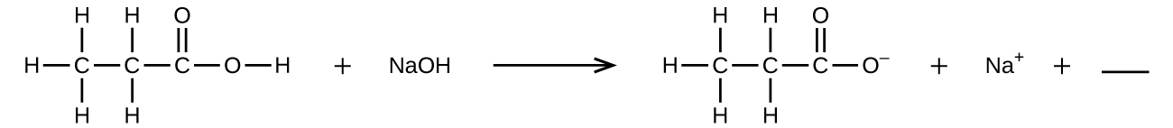 This figure shows a chemical reaction. On the left side of the reaction arrow, a structural formula for a molecule is shown on the far left. It has a C atom on the left to which H atoms are bonded above, below, and to the left. To the right, another C atom is bonded which has H atoms bonded above and below. To the right, another C atom is bonded, which has a double bonded O atom above and another O atom singly bonded to the right. To the right of the singly bonded O atom, an H atom is bonded. This is followed by a plus sign and N a O H. A reaction arrow appears to the right, which is followed by another structural formula. It has a C atom on the left to which H atoms are bonded above, below, and to the left. To the right, another C atom is bonded which has H atoms bonded above and below. To the right, another C atom is bonded, which has a double bonded O atom above and another O atom singly bonded to the right. The singly bonded O atom is followed by a superscript negative sign. This is followed to the right by a plus sign, N a superscript positive sign, another plus sign, and a horizontal line segment, indicating a space for an answer to be written.