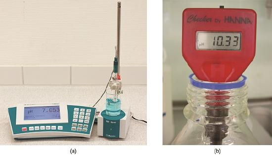 This figure contains two images. The first, image a, is of an analytical digital p H meter on a laboratory counter. The second, image b, is of a portable hand held digital p H meter.