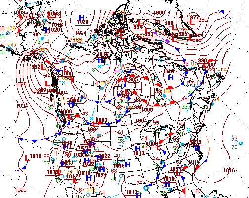 Weather map of North America showing high and low pressure regions.