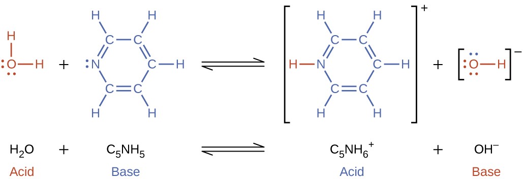 Water with lone pairs is shown donating a proton to pyridine, C5NH5.