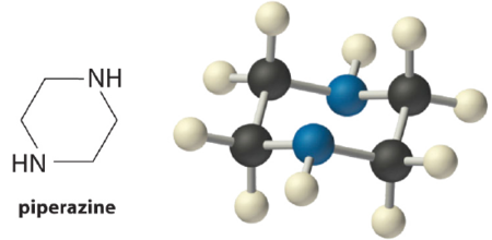 Bond line drawing and molecular structure of piperazine.